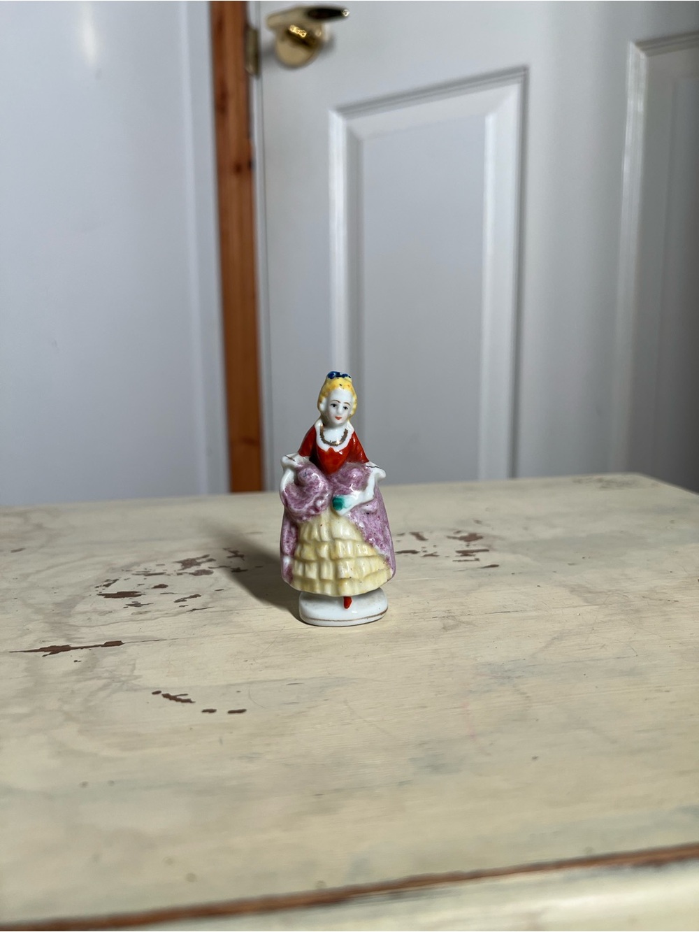 Hand-Painted Ceramic Lady Figurine in Pink and Cream from occupied Japan